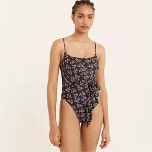 J Crew Top Stitch One Piece High Thigh Blackberry Print Belted Swimsuit